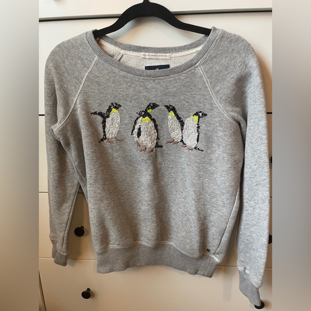 American Eagle Outfitters Penguin Sequin Crew Neck Sweatshirt in Gray S